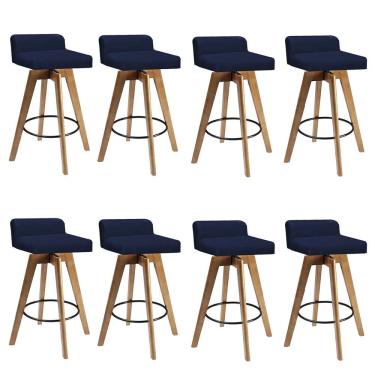 Imagem de Kit 08 Banqueta Alta Com Encosto Giratória Rute Madeira Corino Azul Marinho