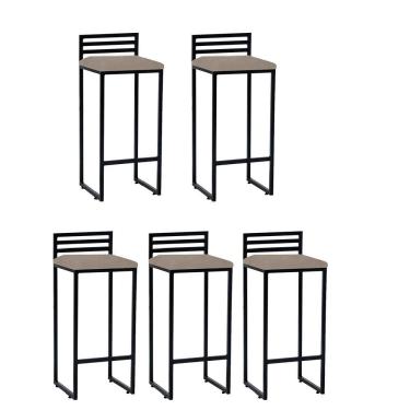 Imagem de Kit 05 Banqueta Alta Com Encosto Núria Balcão Bar Cozinha Bistrô Ferro Preto Corino Bege