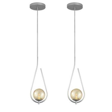 Imagem de Kit 2 Pendentes Lustres On Drop Prata Globo De Vidro Ambar