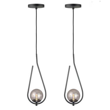 Imagem de Kit 2 Pendentes Lustres On Drop Preto Globo De Vidro Fume