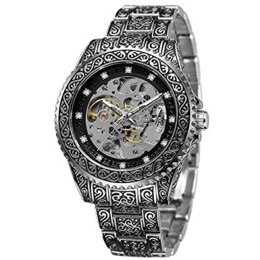 Imagem de FORSINING Relógio de pulso masculino com gravação de esqueleto, automático, impermeável, automático, 05 - Pulseira prata preta face prateada, Mecânico