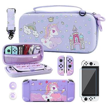 Imagem de RHOTALL Conjunto De Estojo Transporte Fofo Para Nintendo Switch Oled, Kit Roxo Armazenamento Oled E Acessórios Com Capa Protetora, Protetor Tela, Alça Ombro Ajustável, 2 Protetores Polegar