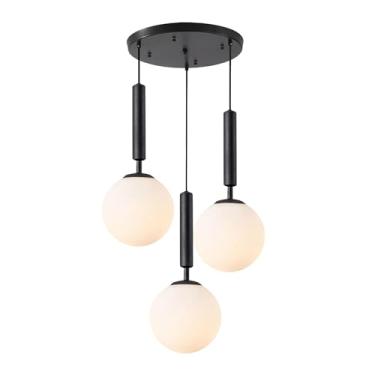 Imagem de BOKT Lustre Pendente Moderno Com 3 Globos De Luz, Preto, Vidro Leitoso Branco, Luzes Vintage Fazenda, Ilha Cozinha, Altura Ajustável, Iluminação Para Escada