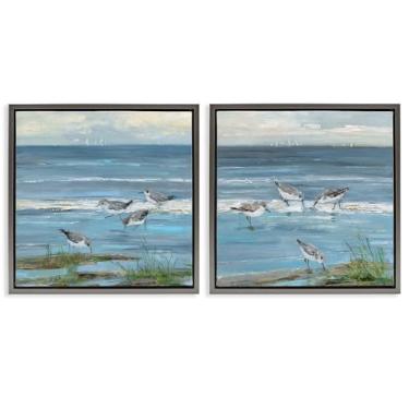 Imagem de Stupell Industries Beach Shore with Sandpipers & Grasses 2 peças cinza emoldurado conjunto de tela flutuante design por Sally Swatland, 25 x 25