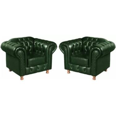 Imagem de Kit 2 Poltronas Chesterfield Luís Xv Vintage Retrô Capitonê Couro Verde