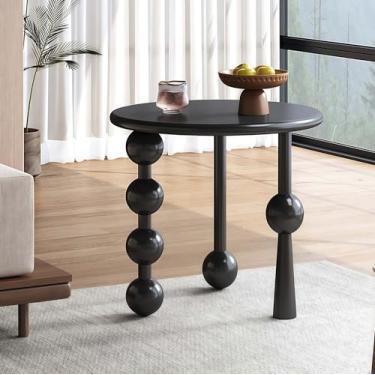 Imagem de Mesa de centro nórdica de madeira maciça, mesa lateral de sofá estilo retrô leve criativa (preta)