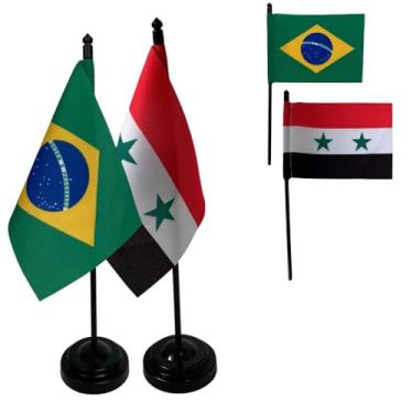 Imagem de Kit Bandeiras de Mesa Brasil e Síria, Base e Haste em Plástico Preto, Tecido Oxford, Uma Face