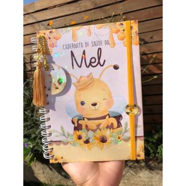Imagem de Caderneta de Saúde Infantil Personalizada, Tema Abelhinha, Capa Holográfica, A5, com Chaveiro e Pingente
