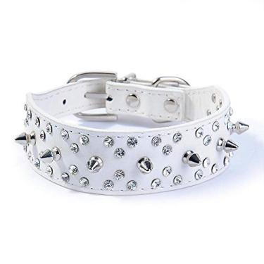 Imagem de Haoyueer Coleira de cachorro cravejada com pontas elegante coleira de couro para cães, com rebites e strass, macia e ajustável para cães de médio e grande porte (branca, M)