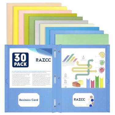 Imagem de Duas pastas de bolso, RAZCC pacote com 30, duas pastas de bolso com pinos, pastas de 3 pinos para papel tamanho carta, pastas de arquivo de papel de bolso para escola, escritório, casa, negócios