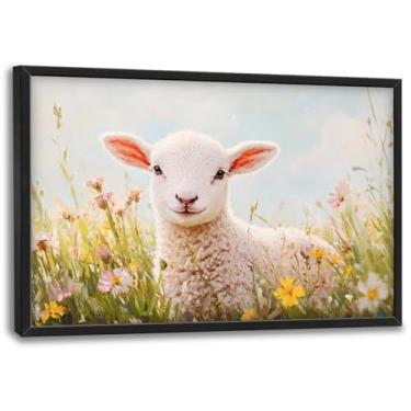 Imagem de Kylora Arte de parede de cordeiro, imagens de ovelhas, decoração de parede, estampa de campo de flores, arte moderna, pintura cristã, decoração de escritório para cozinha, banheiro, quarto, sala de
