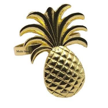 Imagem de KIT 06 Argola Porta Guardanapo Anel Abacaxi Dourado Metal Luxo Mesa Po