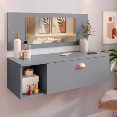 Imagem de Penteadeira Suspensa Camarim Make Up Joy com 1 Gaveta e com Puxador Concha com Espelho (CINZA)