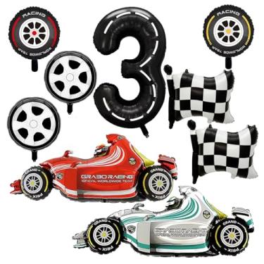Imagem de YiYou Balões De Carro Corrida Número 3, Decorações Festa 43", Alumínio Xadrez Preto E Branco Com Rodas Pneu Para Decoração 3º Aniversário Meninos - Pacote 9