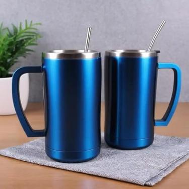 Imagem de Caneca Térmica Parede Dupla em Aço Inox Azul 600ml com Canudo - Estilo Liso