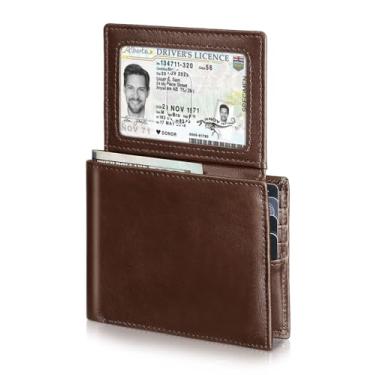 Imagem de Carteira masculina de couro genuíno com bloqueio de RFID com 12 compartimentos para cartão, janela para 2 documentos e 2 bolsos para dinheiro – Inclui caixa de presente, Marrom, Clássico