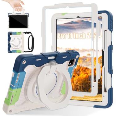 Imagem de ROISKIN Capa para iPad Pro 2024 de 11 polegadas M4 5ª geração (modelo A2836, A2837, A3006) com protetor de tela HD, alça de ombro, suporte para caneta e suporte 360, capa infantil militar à prova de