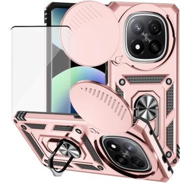 Imagem de Yodueiv Capa protetora para Xiaomi Redmi Note 14 Pro Plus 5G com protetor de tela de vidro temperado e capa de câmera deslizante, anel magnético para carro para Xiaomi Redmi Note 14 Pro+ 5G ouro rosa