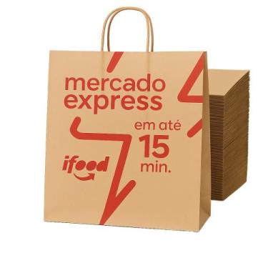 Imagem de Kit 100 Sacola Kraft Ifood Mercado Express - 32x28x17,5 cm
