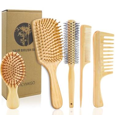 Imagem de HEYMKGO Conjunto de 5 escovas de cabelo, pente de bambu, desembaraçante, conjunto de escovas de cauda de rato de dente largo, ótimo para mulheres e homens