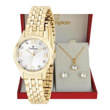 Imagem de Relogio Champion Dourado Pequeno Feminino CH24900W + Kit Semi Joia