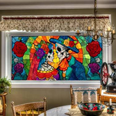 Imagem de HOMETITUTE Adesivo de janela Dia dos Mortos 100 x 48 cm Halloween esqueleto casal vitral decalque de janela Día de Los Muertos adesivo de janela para porta de vidro decoração de caveira mexicana de
