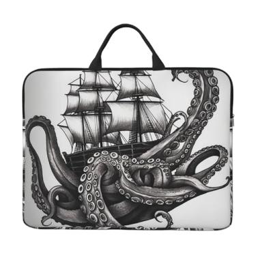 Imagem de Capa preta e branca para laptop polvo e navio de 14 polegadas bolsa de transporte para computador à prova de choque capa protetora para notebook bolsa portátil para laptop bolsa à prova d'água para