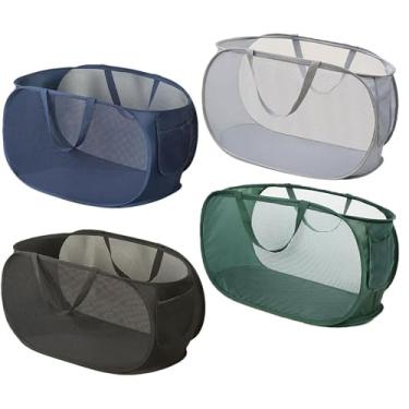 Imagem de Rubruan Cesto de roupa suja de malha pop-up de 4 peças, alças duráveis, cestas de lavanderia dobráveis para roupas dobráveis para lavanderia, dormitório universitário (cinza/preto/azul marinho/verde)