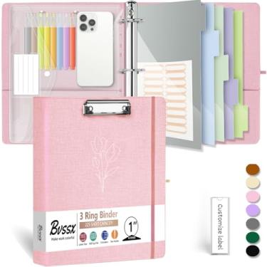 Imagem de Fichário de 3 anéis, organizador de fichário de linho de 2,5 cm para papel tamanho carta (21,6 cm x 28 cm) com divisórias de bolsos de 5 abas, fichários de couro BVSSX com prancheta, pasta de
