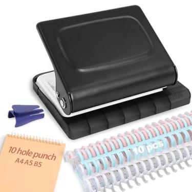 Imagem de Hoqqf Máquina de encadernação de 10 furos para planejadores com 10 anéis multicoloridos, 30 furos em A4, 20 furos em A5, 26 furos em B5, capacidade para 10 folhas (preto)