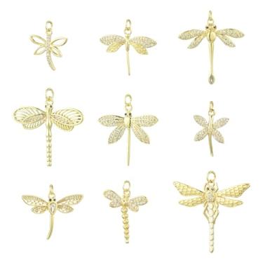 Imagem de UR URLIFEHALL 9 peças, 9 estilos, pingentes de libélula, zircônia cúbica, banhado a ouro 18 K, pingentes de animais voadores para fazer você mesmo, colar, pulseira, joias