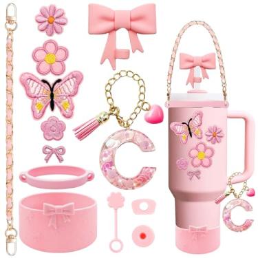 Imagem de XIANGYUAN Conjunto de acessórios de copo rosa de 14 peças para copo Stanley Cup de 850 g 1,134 g com alça, inclui alça, decoração de arco de palha, capa de palha, bota, tampas à prova de derramamento