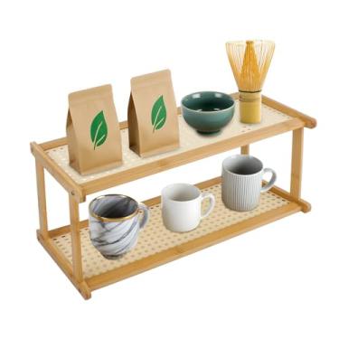 Imagem de Klmnop Estação Matcha de 2 níveis, organizador de estação de café de bambu com aparência de vime para bancada de cozinha, prateleira de estação matcha para acessórios de chá e café, suporte de matcha