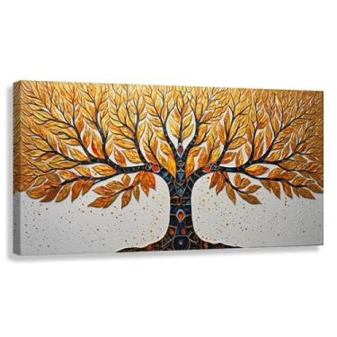 Imagem de Árvore da Vida Arte de Parede Impressão em Tela Vida Dourada com Folhas Douradas para Decoração de Sala de Estar Cores Laranja Vibrantes 40x20cmx1