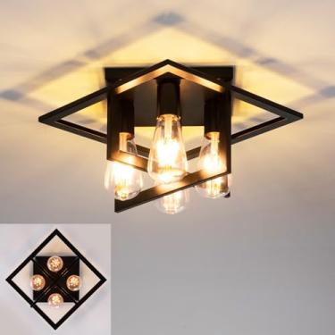 Imagem de 4 luzes de teto industriais pretas semi embutidas perto de luminárias de teto, design de gaiola de quadro, iluminação de teto de casa de fazenda para cozinha, quarto, banheiro, hall de entrada