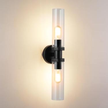 Imagem de ECOBRT 2 luminárias luminárias espelhadas laterais para casa de banho de fazenda preta, lâmpadas de parede E26 para quarto, iluminação industrial, luzes modernas com sombra de vidro