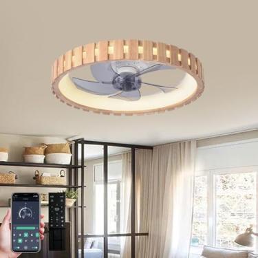 Imagem de Letmarey Ventiladores de teto de montagem embutida com luzes e controle remoto/aplicativo, luz moderna de ventilador de teto de baixo perfil de 50,8 cm, lustres de LED reguláveis de madeira sem