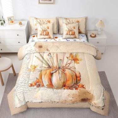 Imagem de Erosebridal Conjunto de cama casal de 7 peças de abóbora laranja para outono e colheita, vintage, rústico, casa de fazenda, com lençol e enchimento de edredom de Ação de Graças