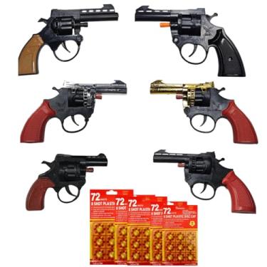 Imagem de Combo 6 Revólveres de Brinquedo Retrô com Som + 5 Cartelas de Espoleta 360 Discos