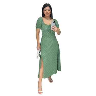 Imagem de Vestido Midi Feminino Drapeado costas Manga Princesa - ZIEM, Verde poá