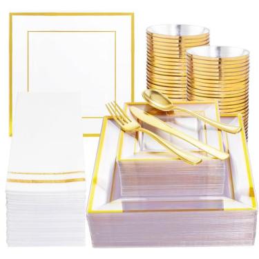 Imagem de Pratos de plástico Festiva Clear com borda dourada 350 unidades para 5