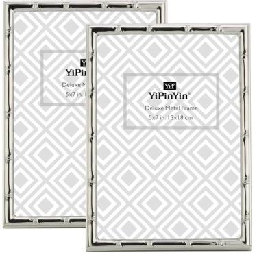 Imagem de Porta-retratos Yipinyin Metal, 5x7", design de bambu, prata, pacote co