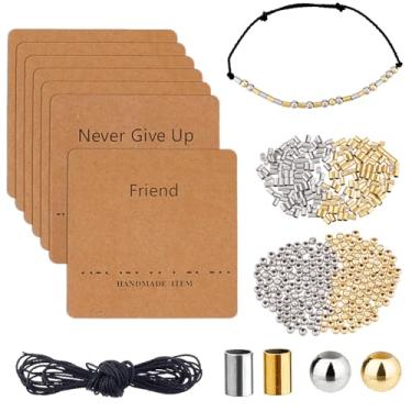 Imagem de DICOSMETIC Kit de contas de pulseira de código Morse DIY incluindo 400 peças, 2 estilos, contas de aço inoxidável, a granel, 5,46 metros, fio de algodão encerado, 14 peças, cartões de exibição de