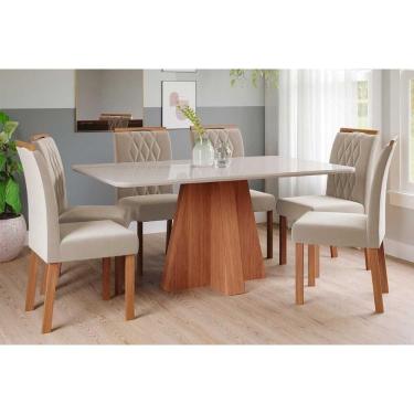 Imagem de Conjunto: Mesa de Cozinha Maitê Tampo Madeirado c/ Vidro 160x80cm e 6 Cadeiras Juliana Cinamomo/Off White - Carvalho/Suede Nude Bege - Cimol