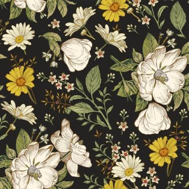 Imagem de VEELIKE Papel De Parede Removível E Adesivo Com Estampa Margaridas Peônias Escuras - Floral Vintage Para Quarto, Banheiro Berçário, 17,7'' X 354'', Mural Preto