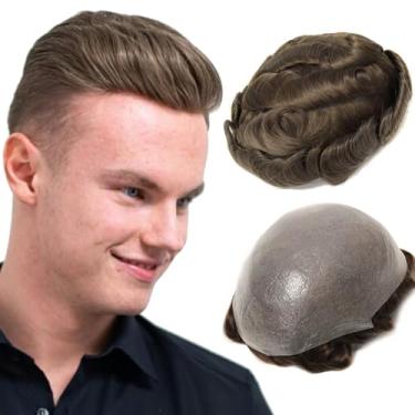 Imagem de BEEOS Toupee de pele fina de 0,08 mm para homens, 20 x 25 cm, sistema de cabelo castanho claro nº 7 para homens, 110% densidade média, linha do cabelo natural Vlooped peruca marrom masculina