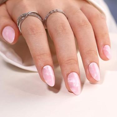 Imagem de RTKHFZE Pregos de pressão em mármore rosa curto com amêndoa, unhas postiças curtas com cola, unhas de amêndoa, cola em 16 tamanhos – Kit de 32 peças de unhas postiças de gel macio para ideia de