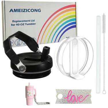 Imagem de 2 peças de substituição de tampa de canudo flip para Stanley copo de 1,134 g, à prova de derramamento e resistente a respingos, acessório Stanley Quencher Cup (preto e branco claro)