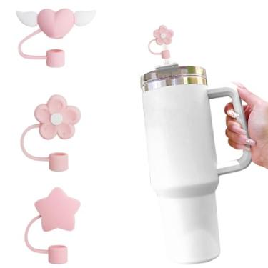 Imagem de Puprlepro Capas de canudo rosa fofas para copo Stanley 10 mm silicone reutilizável topo de canudo para copos Stanley acessórios (conjunto rosa 2, 3 peças)