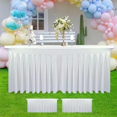 Imagem de Pacote com 2 saias de mesa brancas 152 x 71 cm L x 76 cm A para mesas retangulares de 1,8 m | Roupas de mesa elásticas com elastano | Saia de mesa lavável e resistente a vincos | para festa, banquete
